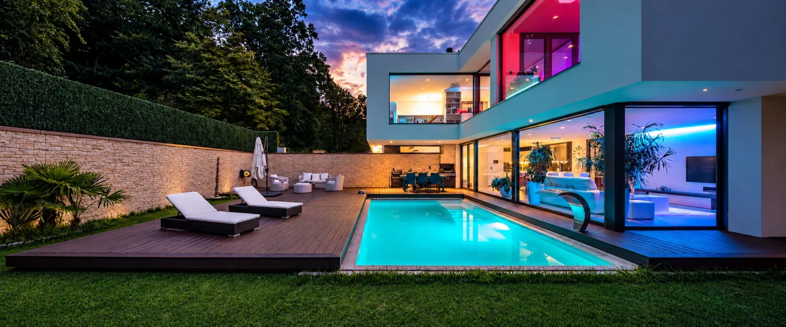 Villa moderne et piscine éclairée à la tombée de la nuit, terrasse en bois